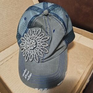 Embellished Denim Cap with Crystal Flower